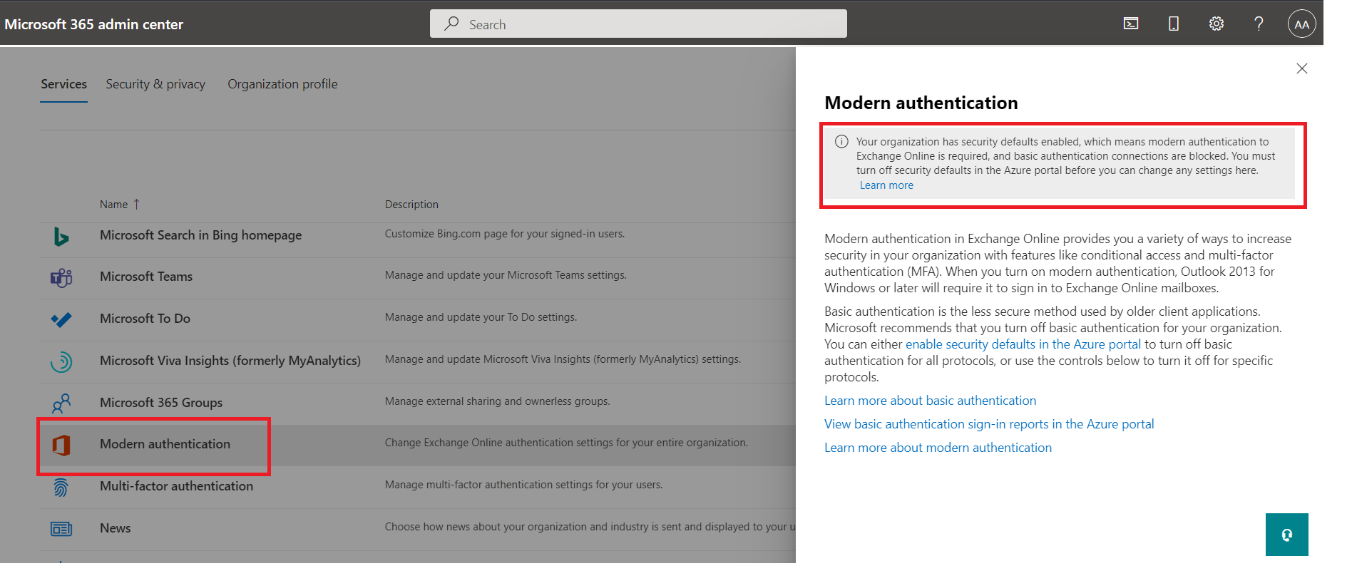 Microsoft 365 modern authentication forced