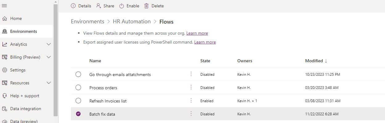 list all flows inside environment power automate