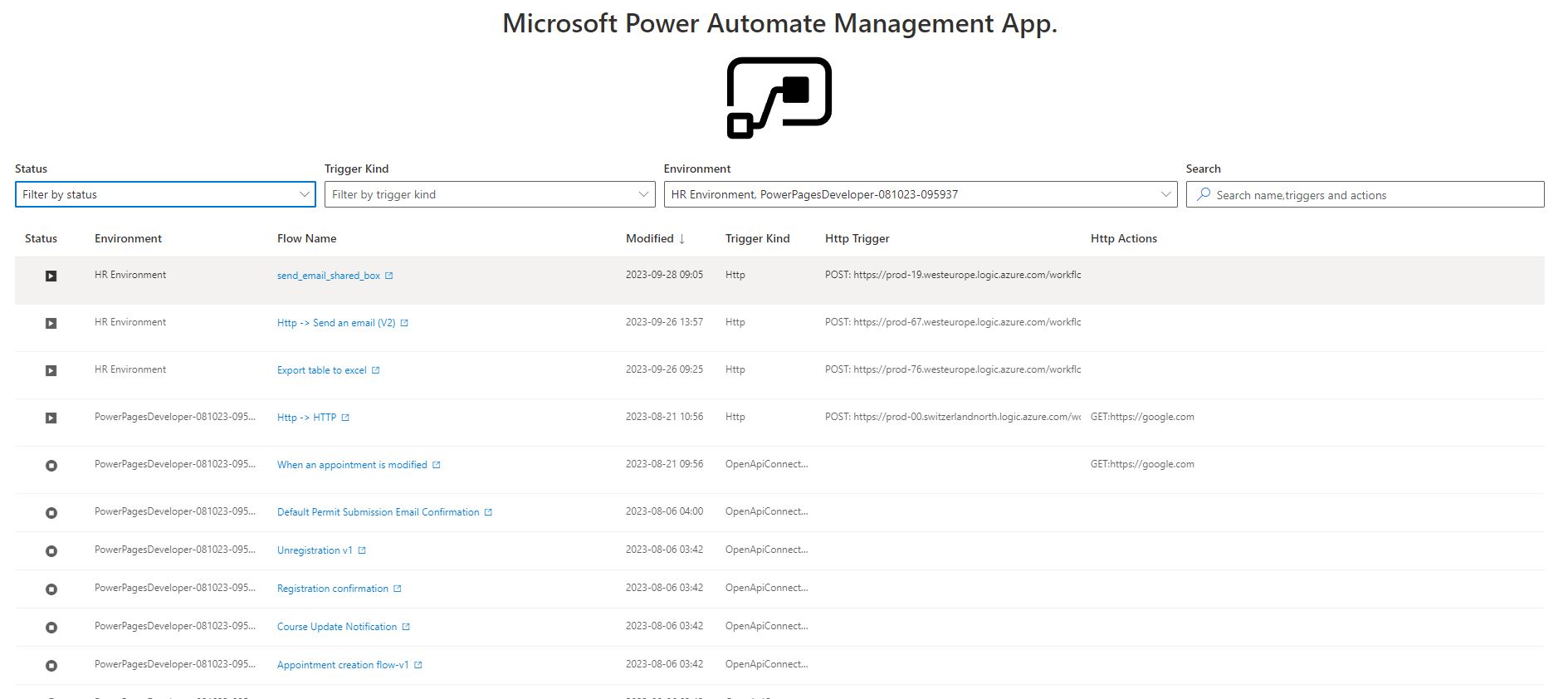 Web app to list all microsoft power automate flows on all environments